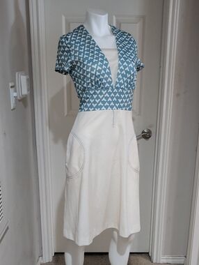 Vintage 70s Melissa Lane Light Blue Heart-Print Tie Waist Retro Dress Women's 10